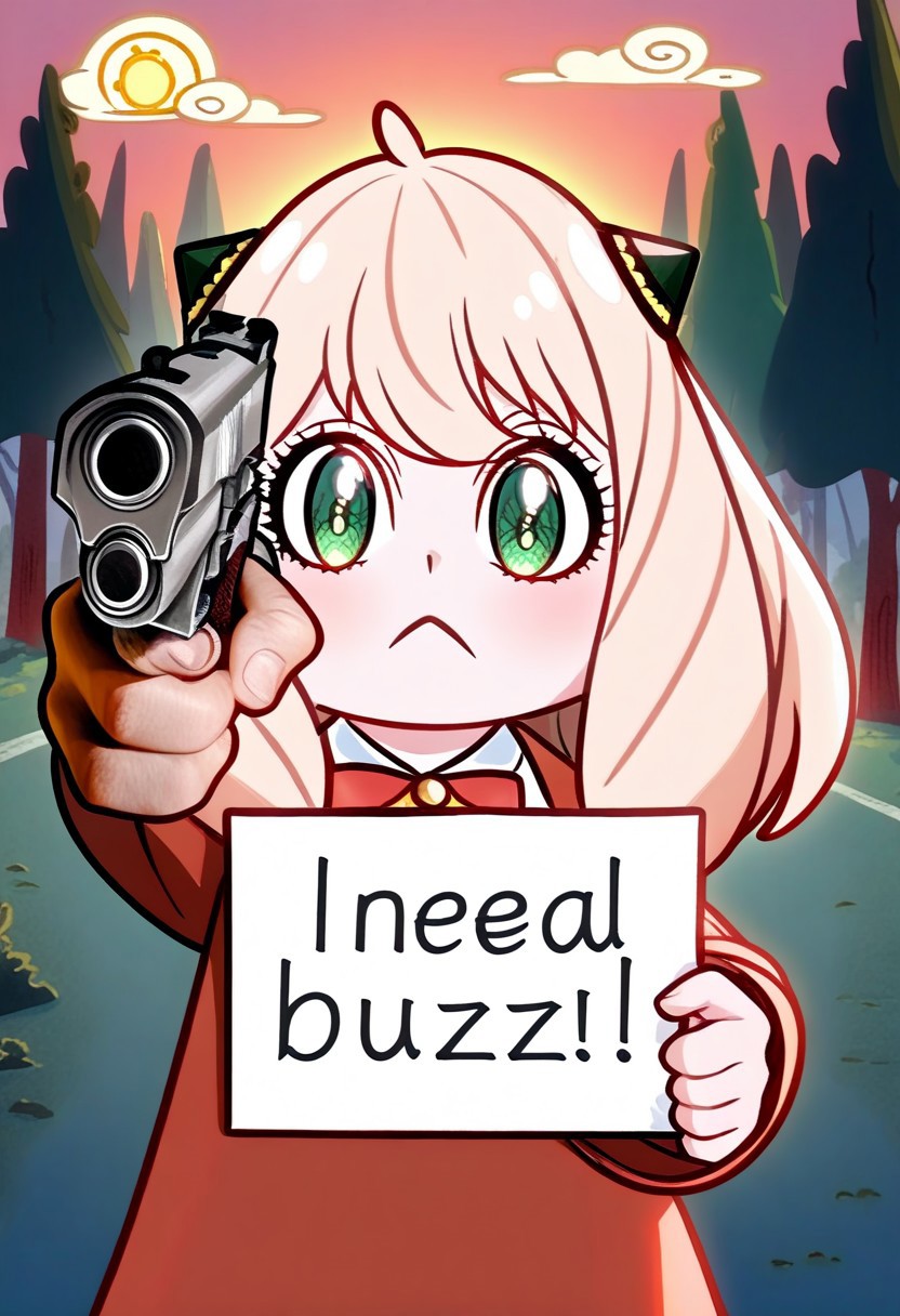 realisticvision-negative-embedding, spy x family artstyle, chibi, An_ya, Anya_(Spy_x_Family), need_buzz, holding sign, cutely smiling, white hair, holding weapon, handgun, holding gun, aiming at viewer, revolver, finger on trigger, sunrise over forest background