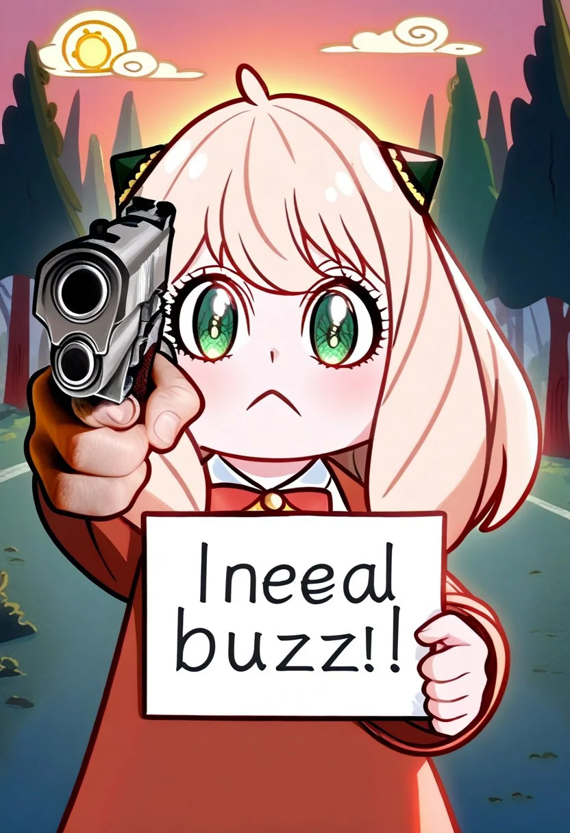 realisticvision-negative-embedding, spy x family artstyle, chibi, An_ya, Anya_(Spy_x_Family), need_buzz, holding sign, cutely smiling, white hair, holding weapon, handgun, holding gun, aiming at viewer, revolver, finger on trigger, sunrise over forest background