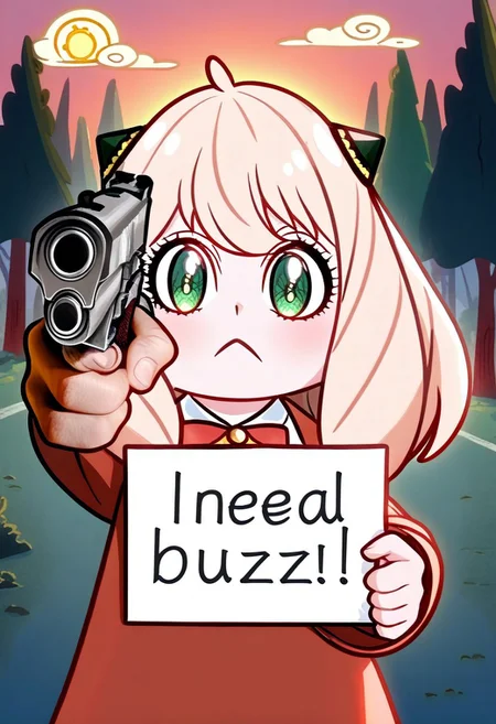 realisticvision-negative-embedding, spy x family artstyle, chibi, An_ya, Anya_(Spy_x_Family), need_buzz, holding sign, cutely smiling, white hair, holding weapon, handgun, holding gun, aiming at viewer, revolver, finger on trigger, sunrise over forest background