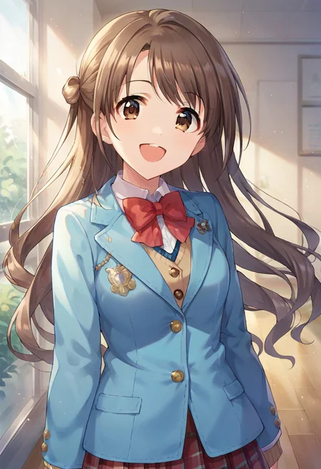 score_9, score_8_up, score_7_up, source_anime,shimamura uzuki, long hair, brown hair, brown eyes, 1girl, solo, smile, open mouth, bow, jacket, bowtie, red bow, looking at viewer, :d, blue jacket, school uniform, shirt, blazer