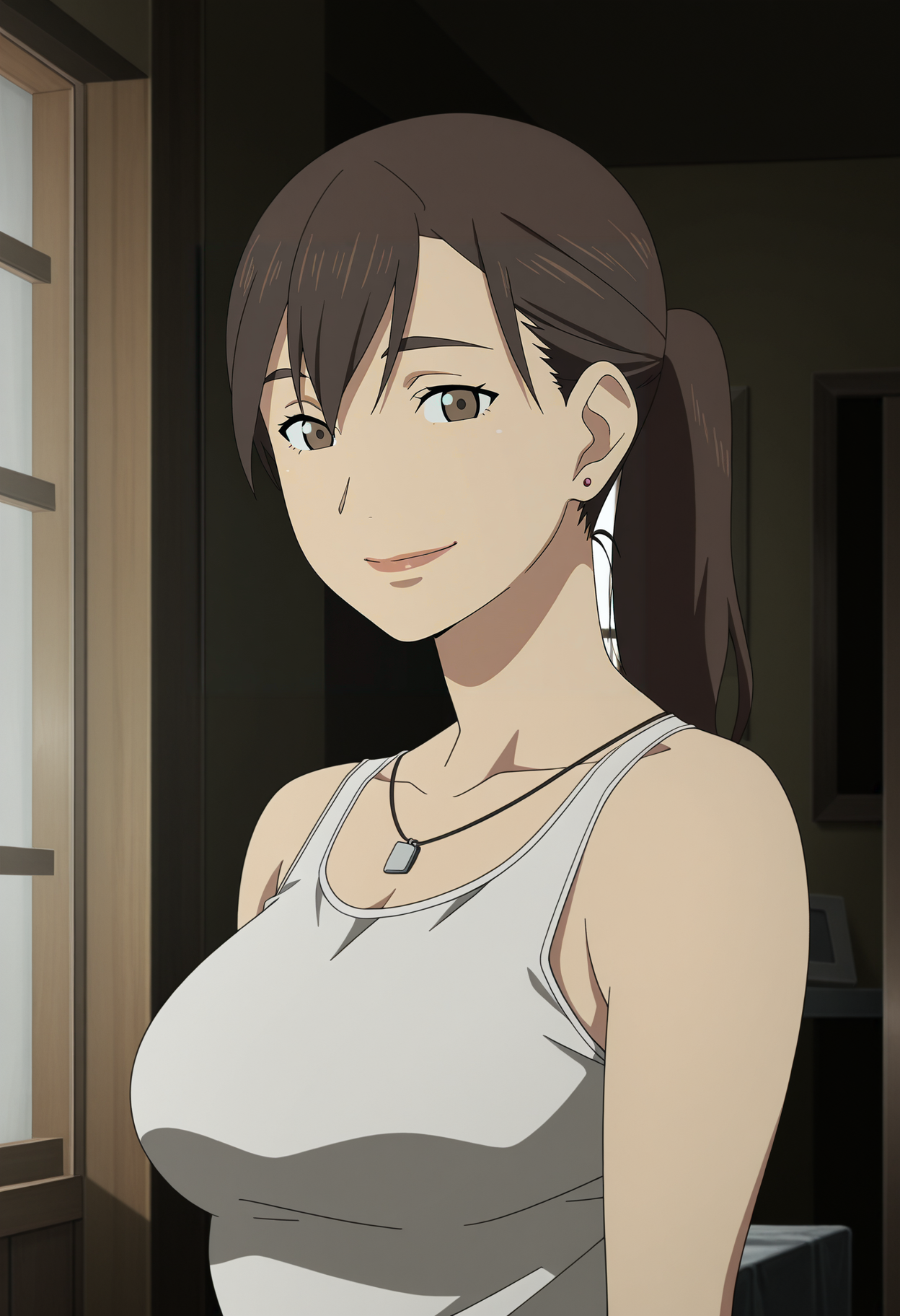 1girl,solo,mari,mature female,brown hair,brown eyes,ponytail,earrings,anime coloring,
tank top,upper body, looking at viewer, smile,indoors
,masterpiece,best quality,amazing quality,<lora:Mari_Kusakabe-Tokyo_Magnitude_8.0_ix:0.8>