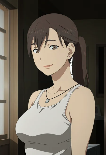 1girl,solo,mari,mature female,brown hair,brown eyes,ponytail,earrings,anime coloring,
tank top,upper body, looking at viewer, smile,indoors
,masterpiece,best quality,amazing quality,<lora:Mari_Kusakabe-Tokyo_Magnitude_8.0_ix:0.8>