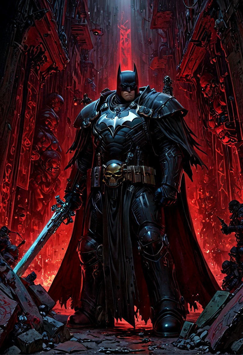 a mix of  nqstrman and batman  in a black and red outfit holding a sword stands in the shadowy underbelly of a hive city, his long coat billowing as he examines xenos artifacts hidden in a dimly lit alley. The grimy walls are covered in graffiti venerating forbidden gods, and his gaze is stern, his hand resting on the hilt of a power sword, ready to dispense the Emperor's justice, apxlz