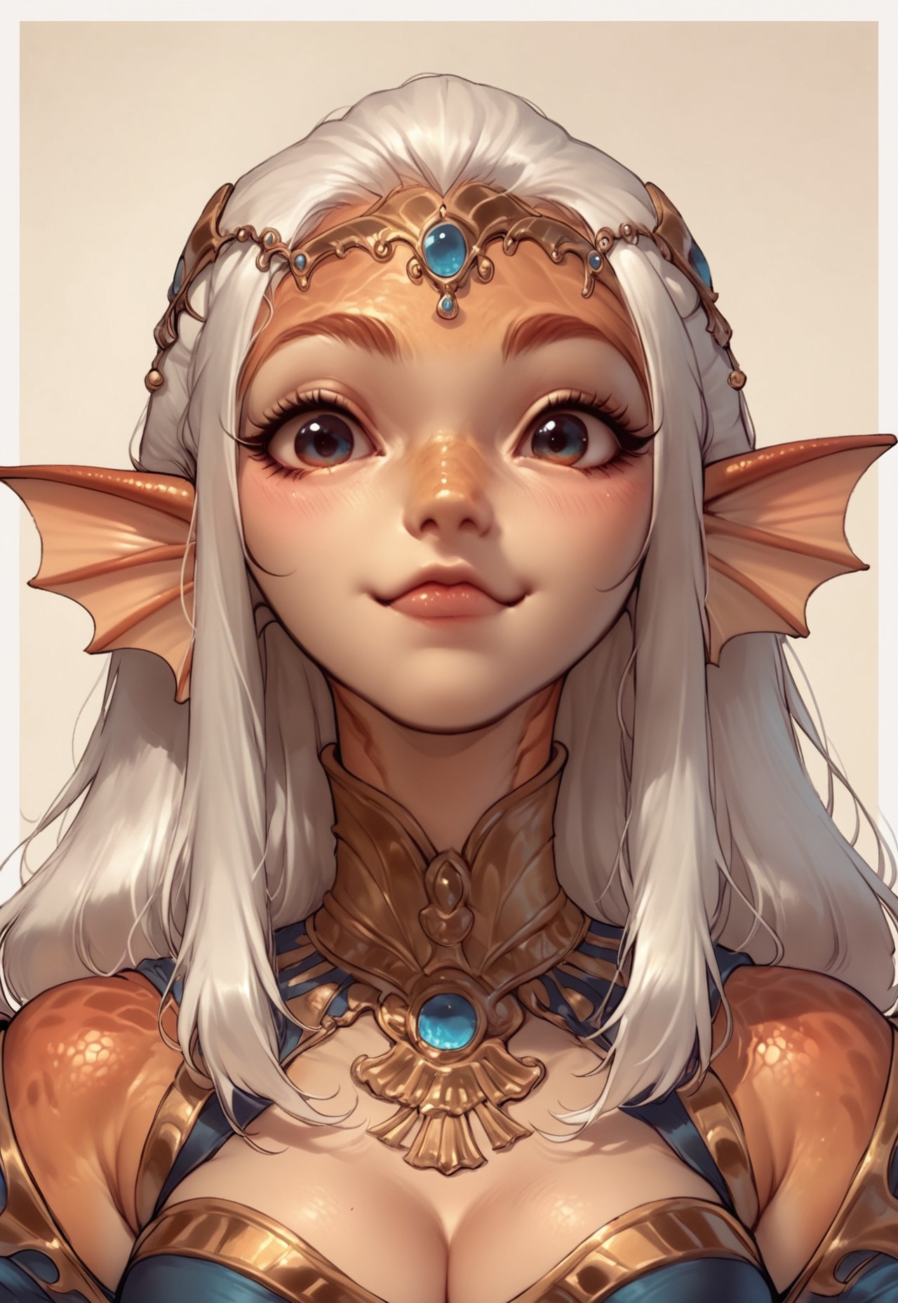 safe_pos, score_9,score_8,score_7,1girl,xenogirl,head fins,white hair,looking at viewer,jewelry,bust shot,portrait,border,cute face,cleavage
