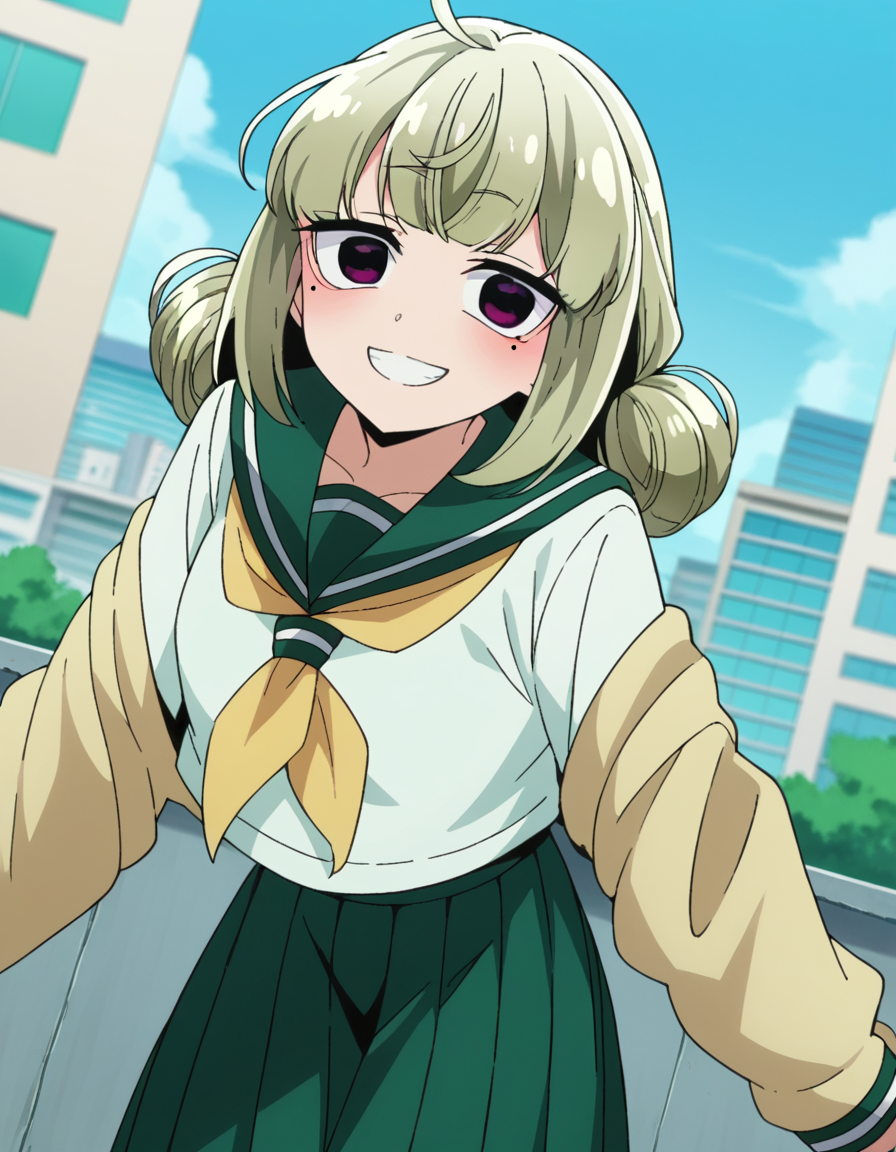 score_9, score_8_up, score_7_up, source_anime,
kiwiaraga, <lora:kiwi-araga-ponyxl-lora-nochekaiser:1>
kiwi araga, bangs, ahoge, mole, mole under eye, purple eyes, green hair, hair bun, double hair bun, smile,
skirt, shirt, long sleeves, school uniform, white shirt, pleated skirt, serafuku, sailor collar, neckerchief, green skirt, green sailor collar,
outdoors, cityscape, bent over,
looking at viewer, dutch angle, cowboy shot