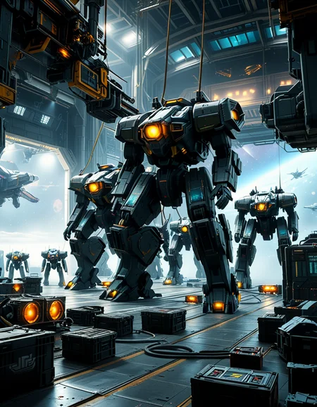 A massive, futuristic spaceship hangar filled with towering battle mechs undergoing maintenance. The hangar is dimly lit, with industrial lighting casting a cold, bluish glow over the metallic surfaces. The high ceiling is lined with steel support beams, catwalks, and suspended cranes used for repairing the massive war machines. The walls are adorned with warning signs, control panels, and illuminated holographic displays providing diagnostic data on the mechs. In the foreground, a colossal mech stands on a heavy-duty platform, its armored plating showing signs of battle damage, with exposed mechanical parts being worked on by robotic arms. The ground is marked with yellow hazard lines and scattered with tools, power cables, and spare parts. Steam rises from various vents, adding to the gritty, industrial feel. In the background, more mechs are stationed in docking bays, with their weapons and mechanical limbs being adjusted by automated repair systems. A large open bay door at the far end reveals the vastness of space, with distant stars and a massive planet visible beyond the hangar. The scene is detailed, immersive, and full of high-tech military sci-fi energy.
<lora:SDXLFaeTastic2400:0.4> <lora:extremely_detailed:0.4> extremely detailed,<lora:mechwarriors_spaceship_h4ng4r:1>,mechwarriors spaceship h4ng4r, Masterpiece,best quality,hi res,8k,hi res,8k,award winning,(sharp focus, intricate, highly detailed),