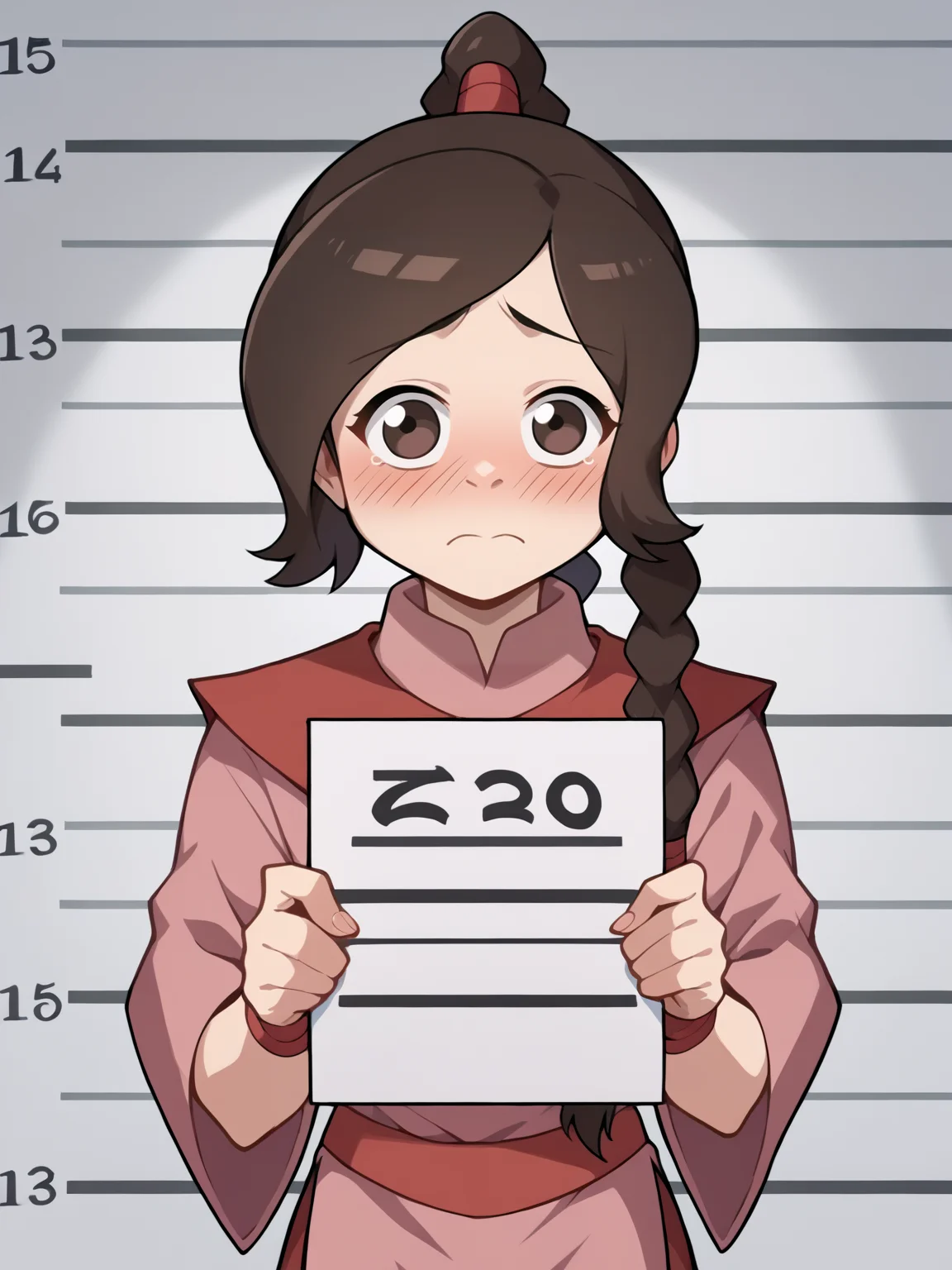 score_9, score_8_up, score_7_up, score_6_up, score_5_up, score_4_up, BREAK, source_cartoon, source_anime, 1girl, tylee, brown hair, braid, blush, holding sign, mugshot, sad, looking at viewer, long hair <lora:TyleeXL:1>