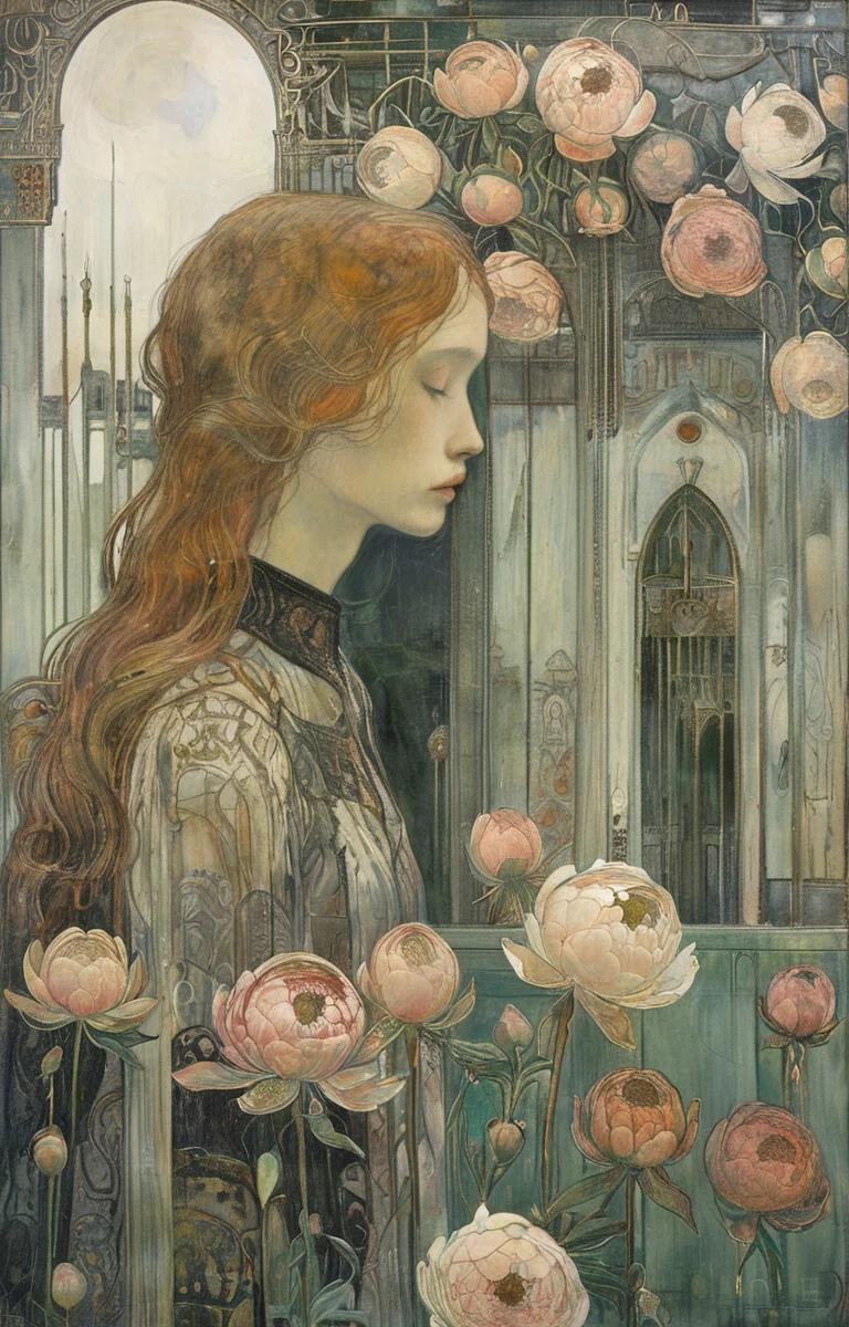 masterpiece,best quality,<lora:tbh267-sdxl:0.9>,illustration,style of Jan Toorop decaying peonies