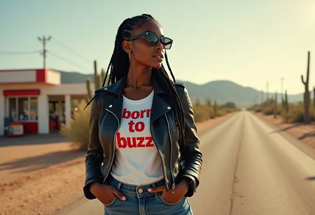 Photograph, ultra high quality, dramatic lighting,
Beautiful Woman, Black woman, very dark skin, skinny waist, large breasts, hourglass figure, high cheekbones, thick eyebrows, huge eyes, dark brown eyes, long braided hair, black hair,
standing, blue jeans, brown leather boots, black leather biker jacket, white t-shirt with red lettering reading "born to buzz", black sunglasses, hands in her pockets, looking on the side,
gas station in the desert, sunny day, cactus, hills, in the distance, asphalt road, dust,
dynamic angle, highly detailed,