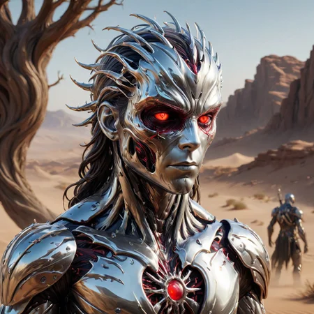 humanoid being, male character, male body, robotic appearance, robotic face and head, dauntingly imposing appearance,  bad print, highly detailed -, cursed images, ,visionary art, oil painting, trending on artstation, artgerm, gorgeous lighting, intricate oil details, baroque, shrike from Hyperion, SILVER LIQUID METAL, four arms,  shiny chrome full armor, full helmet,  big blades and thorns all over body, red glowing eyes, faceless,  standing, wast  dead desert background, giant thorny tree in the distance reaching the sky, scenery focus, 
,
Midjourney's Consistency, Dynamic Action Pose, Fibonacci Watermark Invisibly Displayed, High-res, Impeccable Composition, Lifelike Details, Perfect Proportions, Stunning Colors, Captivating Lighting, Interesting Subjects, Creative Angle, Attractive Background, Well-timed Moment, Intentional Focus, Balanced Editing, Harmonious Colors, Contemporary Aesthetics, Handcrafted with Precision, Vivid Emotions, Joyful Impact, Exceptional Quality, Powerful Message, Raphael Style, Unreal Engine 5, Octane Render, Isometric, Beautiful Detailed Eyes, Super Detailed Face and Eyes and Clothes, More Detail, Multi Colored, Splash Ink Illustration, Grammer Effect Style, Houdini Style, Sharp Lines and Brush Strokes, High Quality, Beautiful Matte Painting, 4K, CGSociety, Artstation Trending on ArtstationHQ