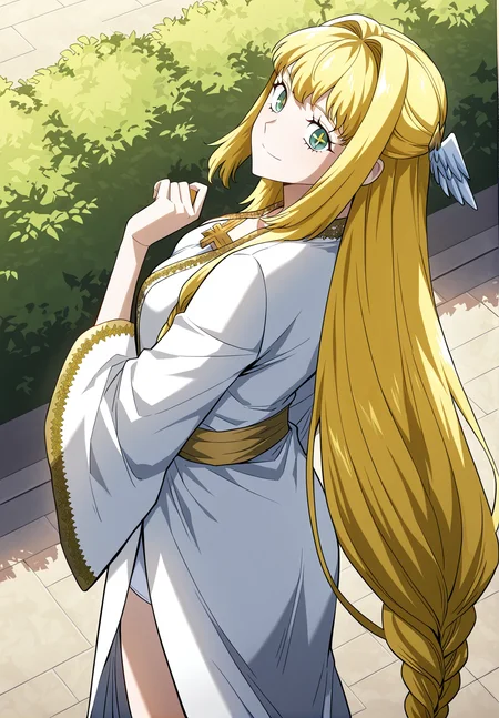 <lora:Dolores_Quovadis__Revenge_of_the_Iron-Blooded_Sword_Hound__Illustrious:1>
Dolores_Quovadis, 1 girl, solo, long hair straight hair, blonde hair, thick braid, long braid, straight fringe, wing hair ornament, green eyes, cross pupils, <lora:DetailedEyes_V3:1>,
Dolores_Quovadis_ceremonial, white ceremonial dress, long robe, gold embroidery, golden trim, wide sleeves, high waist sash,
zPDXL3, score_9_up, score_8_up, score_7_up, (Anime_source),Masterpiece,(perfect female body:1.2), small waist,(incredibly detailed:1.4), slim, beautiful fingers, Beautiful skin, thighs, looking at viewer, from side, from above, looking back,smile, garden background