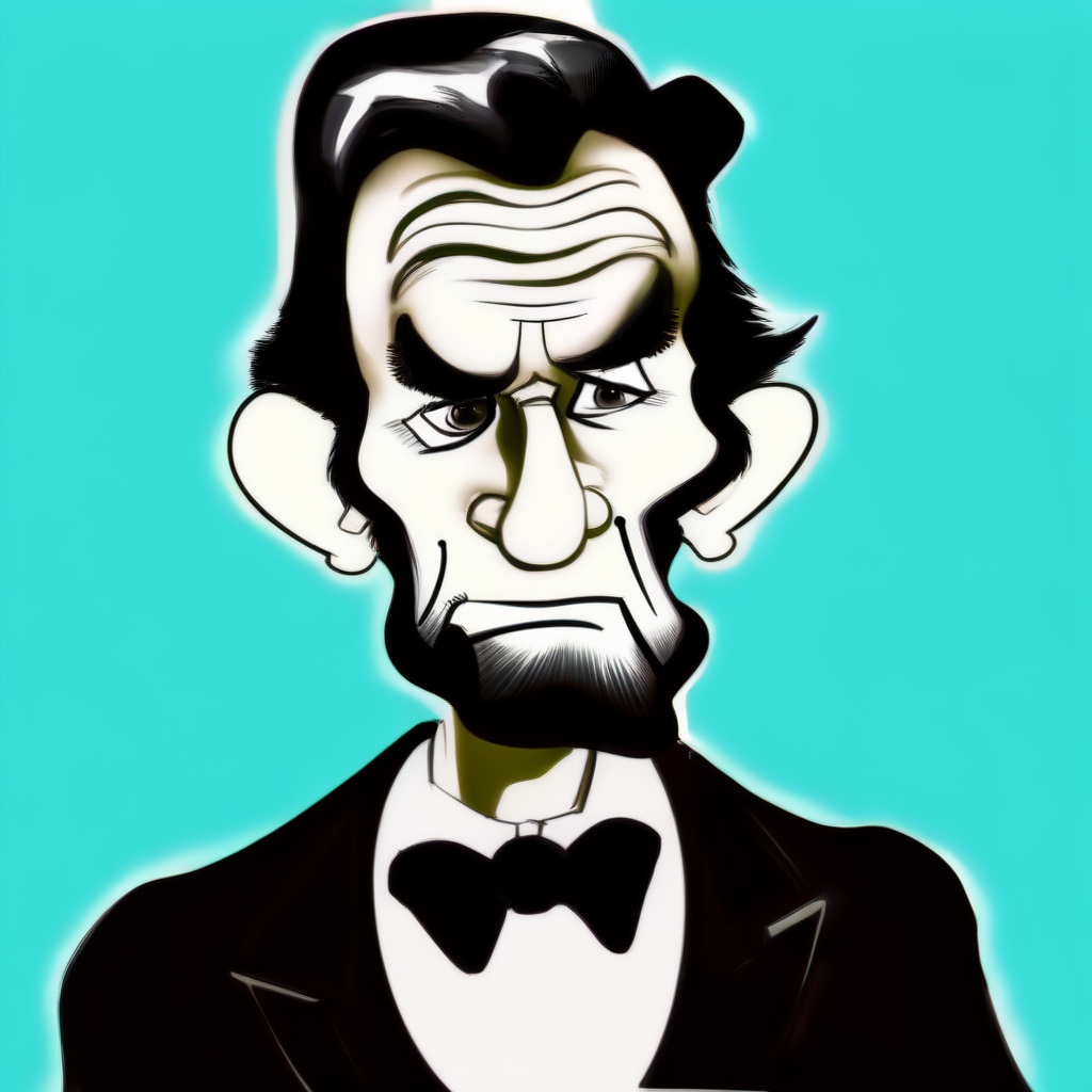 Caricatures style picture of Abraham Lincoln,beard,bowtie,solo,portrait,simple background,looking at viewer,realistic,shirt,monochrome,greyscale,white background,sketch,upper body,nose,collared shirt,traditional media,jacket,white shirt,thick eyebrows,formal,parody,old man,<lora:CaricaturesInpaintTDXLv1b:1.15>,