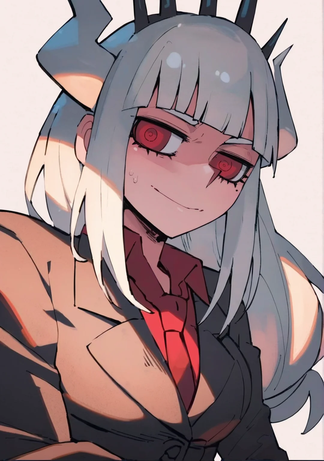 Score_9, Score_8_Up, Score_7_Up, Score_6_Up, Score_5_Up, Score_4_Up, anime screencap, upper body, 
<lora:Lucifer (Autism Mix (XL):0.8> 1girl, lucifer (helltaker), horns, white hair, long hair, blunt bangs, red eyes, red shirt, formal, necktie
BREAK 
<lora:noah style:1> noaharbre