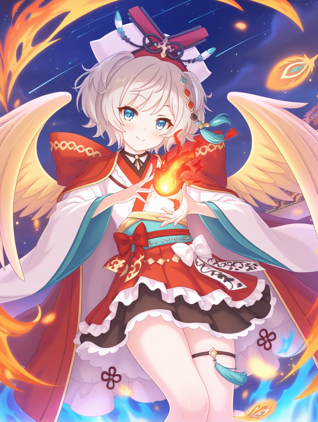 (masterpiece,best quality,ultra_detailed,highres,absurdres:1.2,amazing quality,very aesthetic),<lora:Resplendent Phoenix-pcr_ilxl_v2-000014:0.8>,1girl, solo, looking at viewer, smile, short hair, bangs, blue eyes, skirt, grey hair, hair ornament, long sleeves, bow, closed mouth, japanese clothes, wings, wide sleeves, thigh strap, fire, frilled skirt, feathers, feathered wings, angel wings, white wings, magic, resplendent phoenix \(princess connect!\)