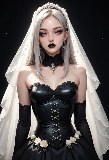 score_9_up, score_8_up, score_7_up,
1girl, skinny body, light gray hair, long hair, straight hair, blue eyes, eye shadow, makeup, full lips, ((black lips)),
small breast,
(bride veil), (black cloth corset), (black stockings), (black long gloves),
sexy pose, front view,
Semirealistic illustration,
((black background)),