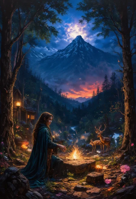 a twilight encounter in a medieval forest clearing, a young woman in a flowing emerald cloak casting runes onto a stone slab, surrounded by curious deer and glowing mushrooms, the leaves above shimmering with a spectral light, distant mountains silhouetted against the setting sun, oil painting, vivid and enchanting
<lora:aidmaImageUpraderv0.3:0.4> aidmaimageupgrader, <lora:aidmaMJ6.1v0.4:0.6> aidmaMJ6.1, <lora:cheats:1>
