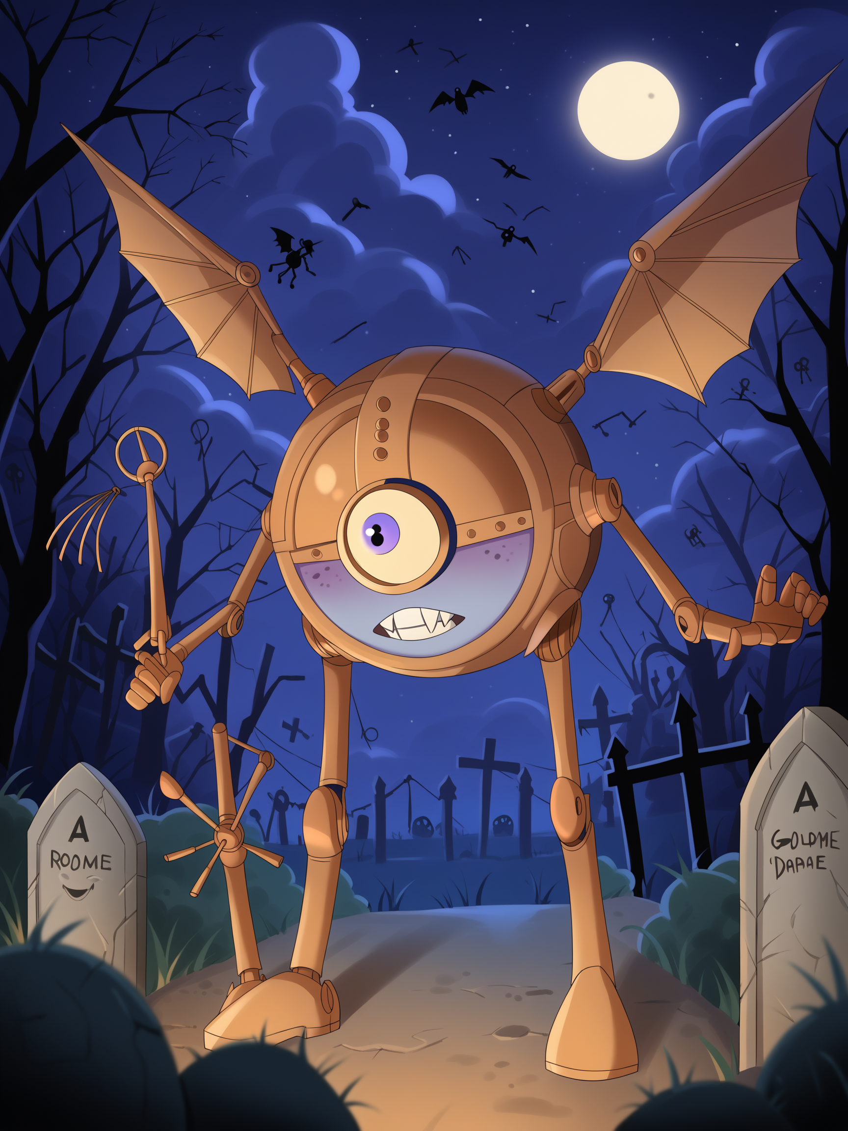 score_9, score_8_up, score_7_up, score_6_up, score_5_up, score_4_up,solo,modrone robot,circular shape,one eyed,2 arms,2legs,wings,standing,no humans,cyclops,zombie robot,rotting,graveyard,night,teeth,zombie,green,zombified,flesh,rotting flesh<lora:ModronPonyV1>