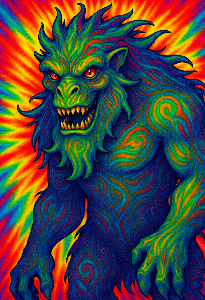 <lora:Tie_Dye_Style_FLUX-000015:0.9> 
This is a vibrant, psychedelic digital drawing of a closeup of a monster  in a swirling pattern reminiscent of tie-dye artwork.