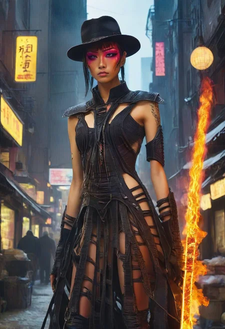 ((masterpiece, best quality, highly detailed)), cowboy shot, an asian skinned woman, stunning looks, demobaza, demobaza, The Hateful Eight film style, ((tall hat:1.3)), (swords, ((flaming sword)), sword in each hand), sword in both hands, wearing an unusual dress, black combat boots, in the city, cyber punk background, neon lights, short hair, brown eyes, demobaza, cyberpunk style, cyberpunk