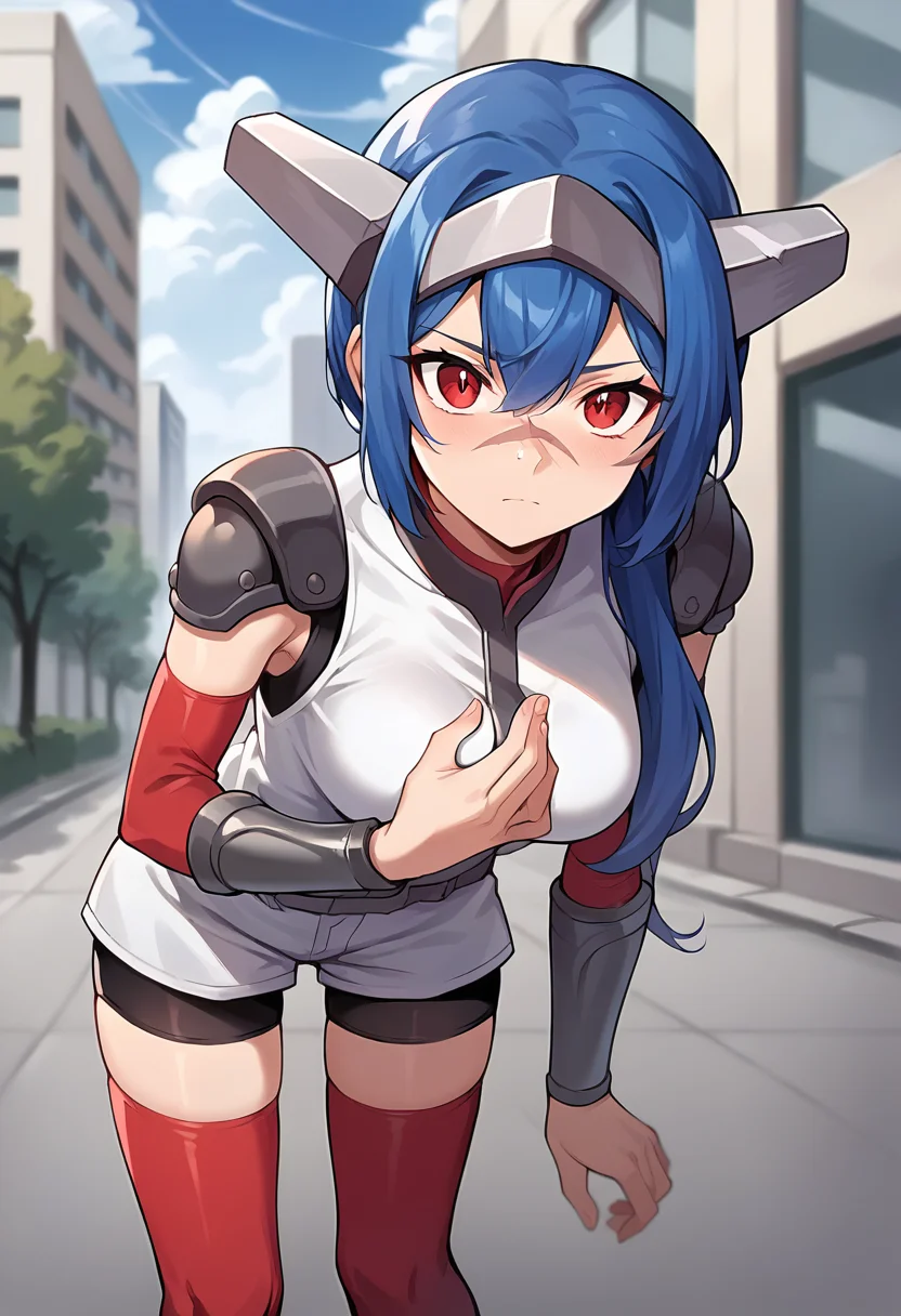 score_9, score_8_up, score_7_up, masterpiece, source_anime, 1girl, ctianle4, blue hair, medium breasts, scar on nose, short dress, shoulder pads, vambraces, detached sleeves, red thighhighs, bike shorts, outdoors, city, depth of field, portrait, standing hand on chest, leaning forward, looking at viewer, <lora:Lea_crosscode_pony_ct:0.8>