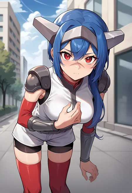 score_9, score_8_up, score_7_up, masterpiece, source_anime, 1girl, ctianle4, blue hair, medium breasts, scar on nose, short dress, shoulder pads, vambraces, detached sleeves, red thighhighs, bike shorts, outdoors, city, depth of field, portrait, standing hand on chest, leaning forward, looking at viewer,  <lora:Lea_crosscode_pony_ct:0.8>