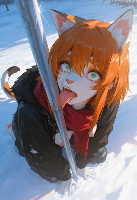 safe_pos, score_9, score_8_up, score_7_up,masterpiece, best quality, very aesthetic, high resolution, ultra-detailed, absurdres, newest, luminous lighting, tongue out, (tongue stuck frozen), frozen tongue tip,(licking metal pole:1.5), 1girl, solo, furry, anthro cat, (calico ears), orange hair, medium hair, long sidelocks, green eyes, loose red scarf, shredded clothing, black clothing scraps, torn clothing, (exposed breasts, nipples), raised eyebrows, wide-eyed, despair, (tears), open mouth, (looking at viewer:1.2), full body, high angle, glint, steam, daylight, sunlight, winter, snow, vivid colors,