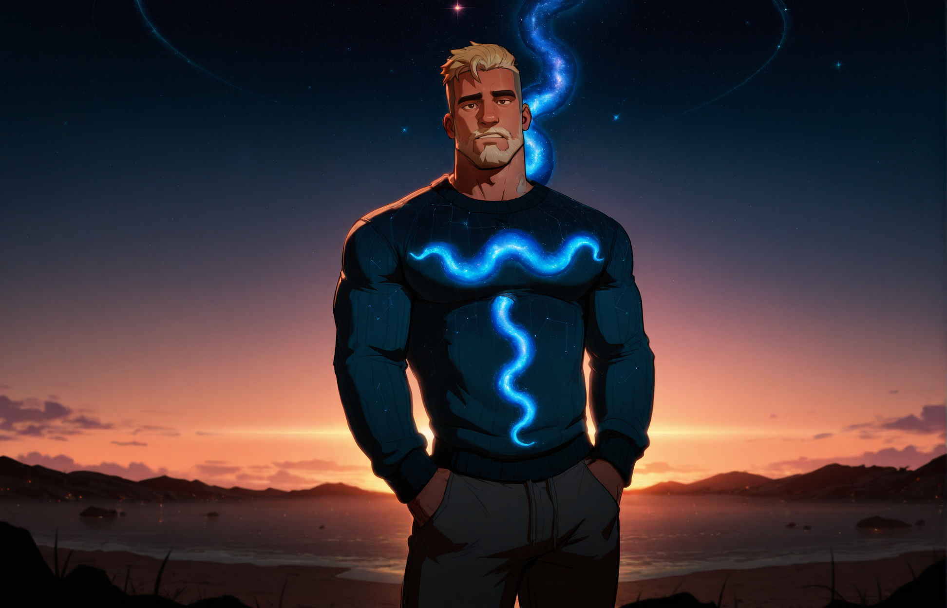 <lora:sosforsource-30:1> sosforsourcestyle, ((hands in the pocket look at the viewer from the side, cosmic, pullover sweater, blonde hair, evening, worm's eye))
(very short hair, beard, bara, mature, facial hair, stubble, beard, full beard, sideburn, beard, a lot of beard, ), facial hair,male focus, muscular male, muscular male, bara, mature,  bara,  very awa, masterpiece, best quality, absurdres, newest, perfect quality, detailed background, intricate details,
<lora:slider_Body Type_alpha1.0_rank4_noxattn_last:3><lora:slider_cfg_scale_boost:.7><lora:slider_il_brightness_slider_d1:-1><lora:slider_il_contrast_slider_d1:-1><lora:slider_DarkSlider1.2_alpha1.0_rank16_full_300steps:-.6>