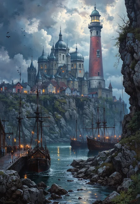 mythp0rt, ArsMJStyle, impressionism, extremely detailed, smooth and sharp, ultra realistic ominous and dark, deep shadows , over the small port town, small river nearby, extremely vertical rocky cliffside, tall church on top of the cliff, docks with wooden ships, busy skies before the storm, clouds are dense and huge, wires and pipes on the ground, huge red and white lighthouse casting shadow on the water, dense clouds, intricate rocky pthways, whole picture is filled with crows and raindrops, desolate, intricate and detailed,
