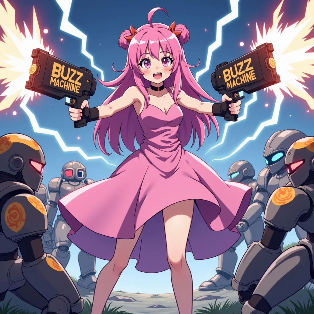 Flat colour anime style full body shot of a magical girl with two machine guns with intricate letters that says: "BUZZ MACHINE" in both hands, each weapon is shoothing lightning rays. the girl is fighting against robots. she is wearing a beautiful pink dress.she is in a fight pose