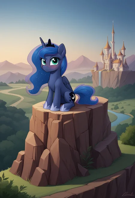 score_9, score_8_up, score_7_up, score_6_up, score_5_up, score_4_up, pony, feral pony, filly, foal, foalcon, Princess Luna, sit, cliff, night, spread wins, canterlot, scenery, scenery porn, look at you, mare, feral pony, pony, ((anatomically correct)), pony, g4, blushing, female, filly, foal, foalcon, look at you, ponyface, pony face