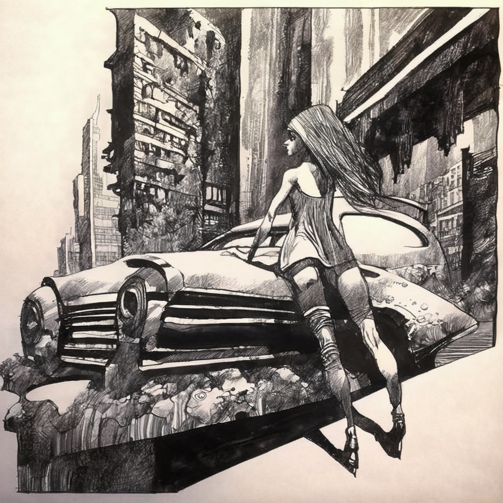 drawix20 girl and old car in futuristic city, very detailed, black ink <lora:drawix20:1>