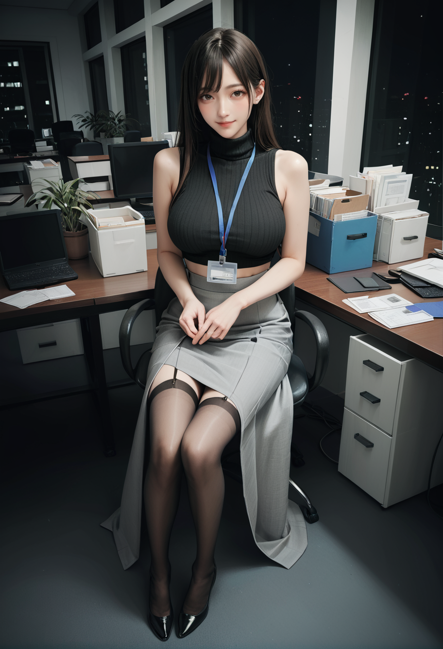 ,ruanyi0922,indoors,office,night,
sitting,full body,
,ruanyi0897,black thighhighs,garter straps,turtleneck,id card,lanyard,grey skirt,crop top,black sleeveless sweater,long skirt,<lora:0922 office_v1_pony:0.8>,<lora:0897 Home wear 3_v1_pony:0.7>, score_9, score_8_up, score_7_up, score_6_up, score_9, score_8_up, score_7_up, score_6_up source_anime, blush, 1girl, seduce smile, perfect body , natural huge breasts