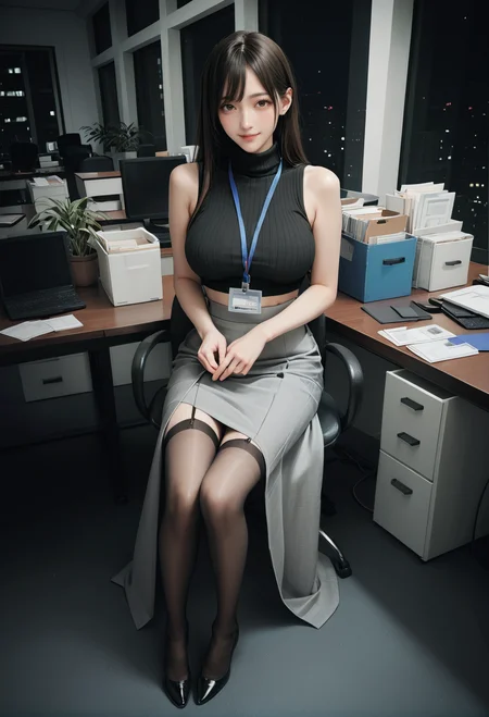 ,ruanyi0922,indoors,office,night,
sitting,full body,
,ruanyi0897,black thighhighs,garter straps,turtleneck,id card,lanyard,grey skirt,crop top,black sleeveless sweater,long skirt,<lora:0922 office_v1_pony:0.8>,<lora:0897 Home wear 3_v1_pony:0.7>, score_9, score_8_up, score_7_up, score_6_up, score_9, score_8_up, score_7_up, score_6_up source_anime, blush, 1girl, seduce smile, perfect body , natural huge breasts