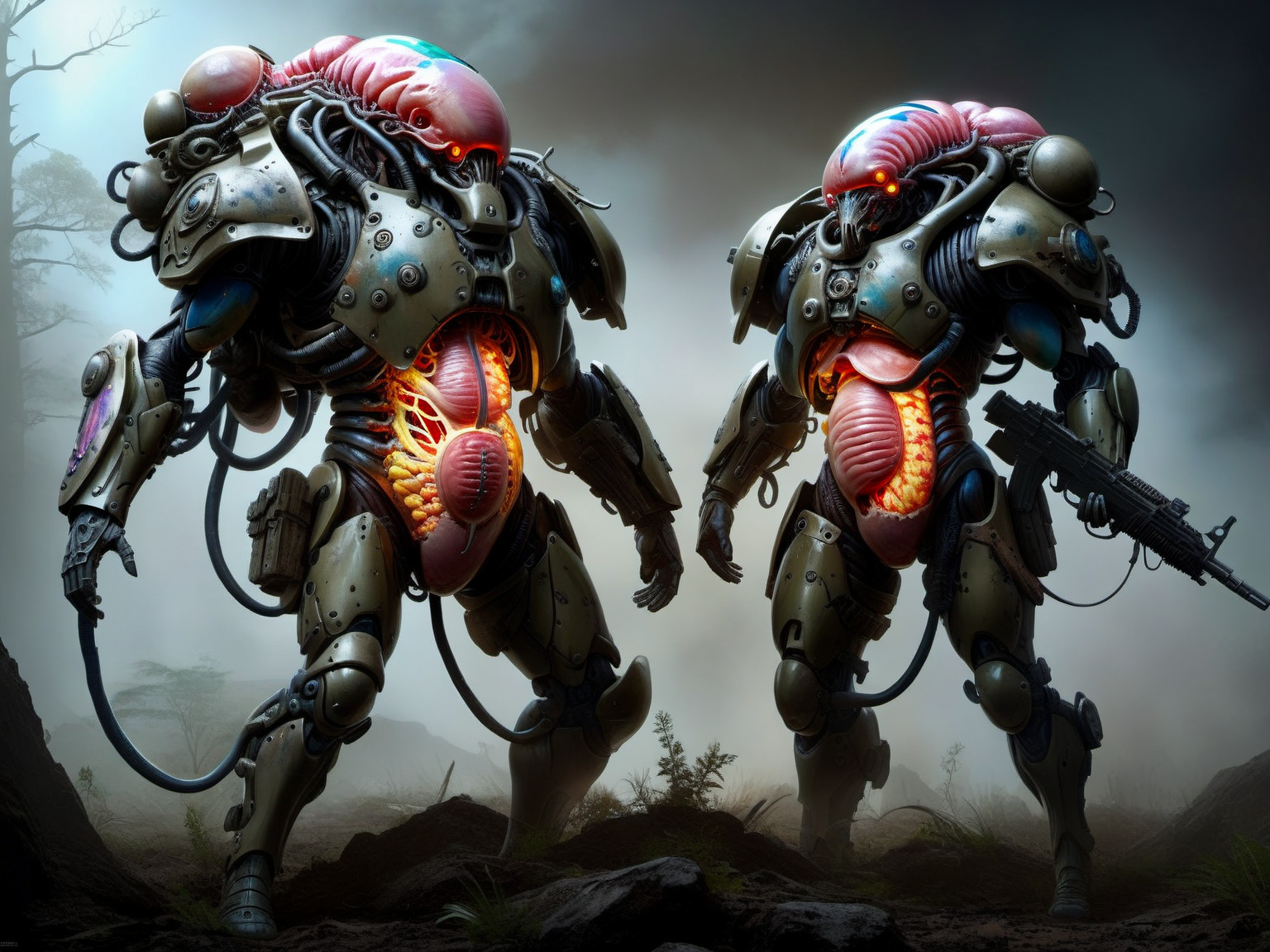 <lora:TechPunkAIv2Pruned:.9> BioPunkAI  heavy infantry (Highly detailed, amazing fantasy setting), (Shiny Impressive lighting), (Colorful, Ultra Realistic, High quality, Highly detailed, Sharp focus, 8K UHD, Art photography), (trending on artstation)