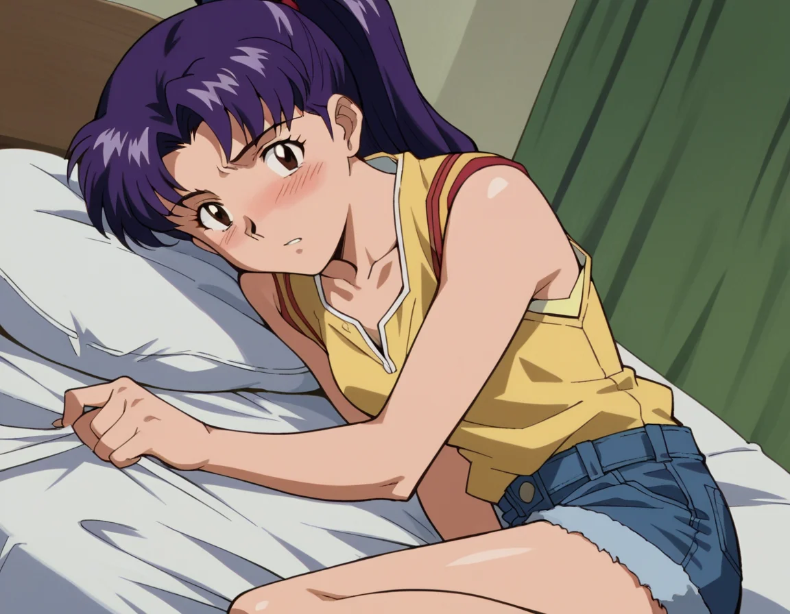score_9, score_8_up, score_7_up, source_anime,
misatokatsuragi, <lora:misato-katsuragi-classic-ponyxl-lora-nochekaiser:1>,
misato katsuragi, long hair, brown eyes, purple hair, parted bangs,
ponytail, sidelocks, shirt, sleeveless, shorts, short shorts, bare legs, denim, denim shorts, yellow shirt, collarbone,
indoors, bed, bed room, on side, blush, drunk,
cowboy shot, looking at viewer, solo, dutch angle,