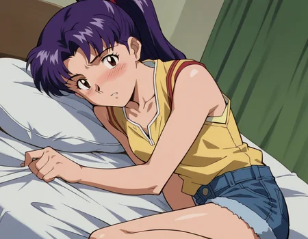 score_9, score_8_up, score_7_up, source_anime,
misatokatsuragi, <lora:misato-katsuragi-classic-ponyxl-lora-nochekaiser:1>,
misato katsuragi, long hair, brown eyes, purple hair, parted bangs,
ponytail, sidelocks, shirt, sleeveless, shorts, short shorts, bare legs, denim, denim shorts, yellow shirt, collarbone,
indoors, bed, bed room, on side, blush, drunk,
cowboy shot, looking at viewer, solo, dutch angle,