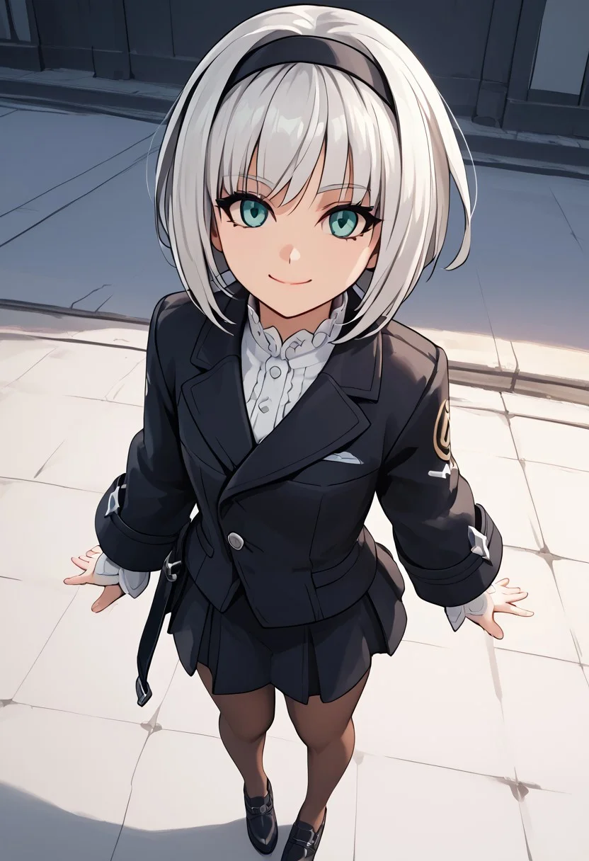 score_4,score_5,score_6,score_7_up,score_8_up,score_9 ((masterpiece,best quality,ultra detailed,highres,HD,4k:1.2)),
Azure Striker Gunvolt(Main),
1girl, solo, girl focus,solo focus,face focus,
2b, silver hair,short hair,bob cut,aqua eyes,mole,black_hairband, mole_under_mouth,
Black jacket,long sleeves,white shirt,black skirt,pantyhose,brown pantyhose,black shoes,
smile,light smile,