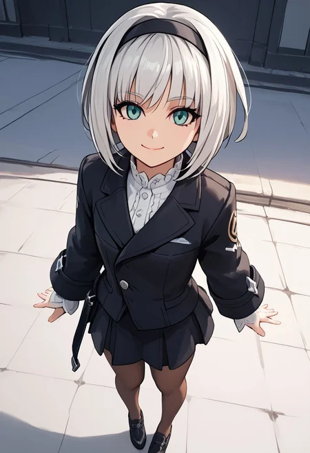 score_4,score_5,score_6,score_7_up,score_8_up,score_9 ((masterpiece,best quality,ultra detailed,highres,HD,4k:1.2)),
Azure Striker Gunvolt(Main),
1girl, solo, girl focus,solo focus,face focus,
2b, silver hair,short hair,bob cut,aqua eyes,mole,black_hairband, mole_under_mouth, 
Black jacket,long sleeves,white shirt,black skirt,pantyhose,brown pantyhose,black shoes,
smile,light smile,