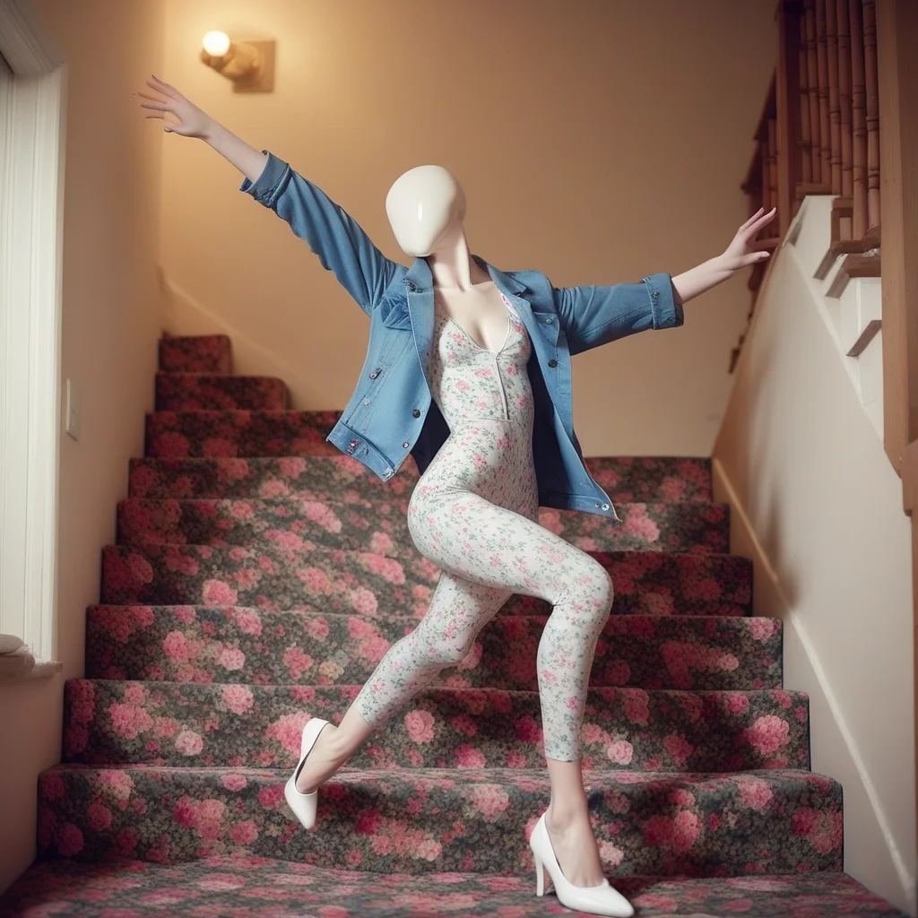 car, white footwear, stairs, floral print, legs, barefoot, bald, outstretched arms, ass, blurry, couch, jacket, bodysuit