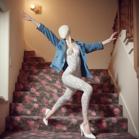 car, white footwear, stairs, floral print, legs, barefoot, bald, outstretched arms, ass, blurry, couch, jacket, bodysuit