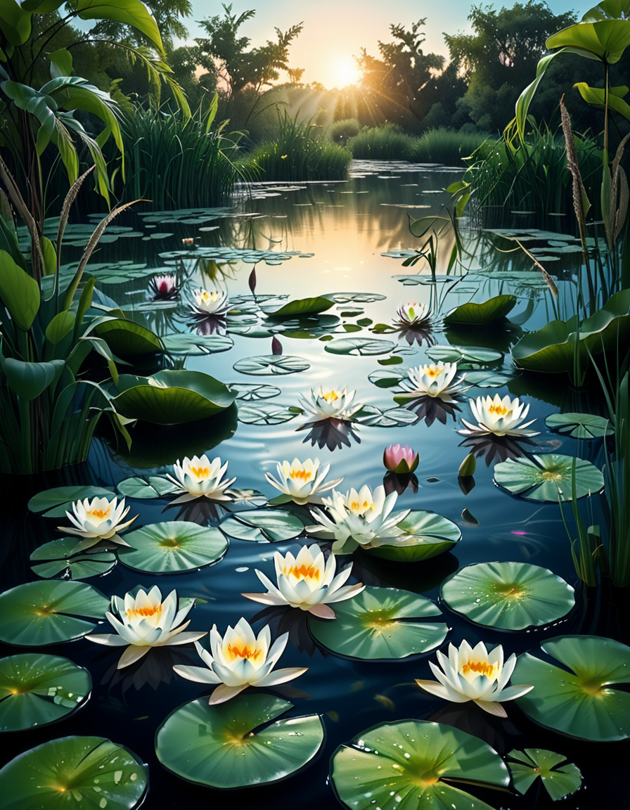 A highly detailed and realistic photograph of a serene lily pond surrounded by lush greenery. The calm water reflects the soft sunlight filtering through the overhanging trees. The surface is adorned with vibrant green lily pads, some with delicate pink and white water lilies in full bloom. A few dragonflies hover above the water, their wings catching the light. Gentle ripples create subtle distortions in the reflection of the sky and foliage. In the background, a dense array of reeds and aquatic plants frame the pond, adding depth and texture. The soft golden glow suggests late afternoon or early evening, enhancing the tranquil and picturesque atmosphere. The composition is balanced, drawing the viewerâs eye toward the natural beauty of the water lilies and their intricate details.
 <lora:SDXLFaeTastic2400:0.4> <lora:extremely_detailed:0.4> extremely detailed,<lora:lily_p0nd:1>,lily p0nd, Masterpiece,best quality,hi res,8k,hi res,8k,award winning,(sharp focus, intricate, highly detailed),