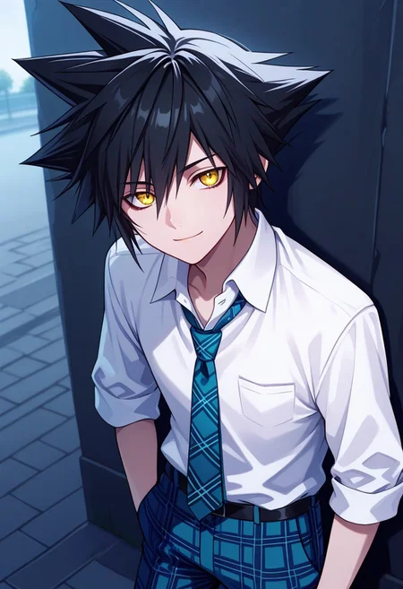 masterpiece, best quality,
vanitas, 1boy, male focus, solo, yellow eyes, black hair, spiked hair,
school uniform, shirt, white shirt, collared shirt, necktie, blue necktie, plaid necktie, pants, blue pants, plaid pants. light smile,
outdoor
