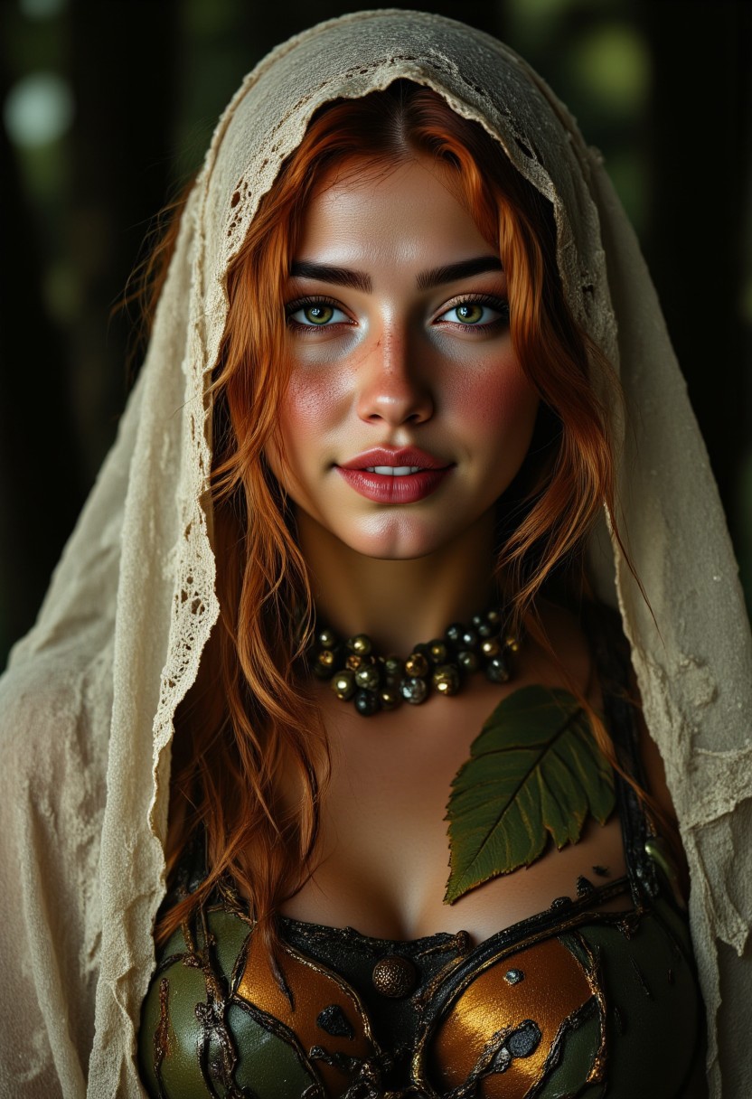 A mystical forest druidess, Extreme Upper Body Closeup Portrait, Vibrant amber and earthy green color graded. Her face, framed by a loosely draped linen hood, is illuminated by soft, diffused light that highlights her delicate features. Freckles dot her youthful yet weathered skin, telling stories of her bond with the wilds, while a subtle, satisfied smile graces her lips, exuding confidence and calm. Her piercing eyes, shaded slightly by the oversized hood, shimmer with an earthy warmth that draws you in. Strands of unkempt auburn hair peek from beneath the hood, blending seamlessly with her natural surroundings. The intricate details of her attire feature a chest piece adorned with organic patterns resembling vines and leaves, crafted from translucent amber and dark green materials. The snowy, shadowy forest backdrop contrasts beautifully with the druidessâs radiant and enchanting presence.
aidmamj6.1, sinfully stylish, dramatic light, soft light, long shadows