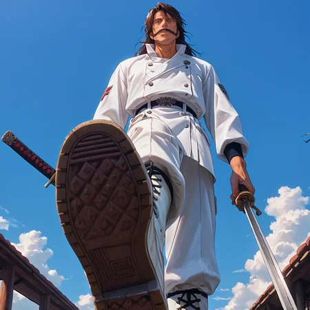 score_9, score_8_up, score_7_up, score_6_up, score_5_up, score_4_up, masterpiece, high quality, detailed
1man, long black hair, dark brown hair, huge mustache, pronounced cheekbones, long nose, thin eyebrows, white boots, brown eyes, maroon-black cloak, broad chin, white uniform, close-up, upper body, <lora:yhwach:1> looking to the side, mysterious, holding a sword , weapon, Wrecked village, walking, broken, destroyed houses <lora:vans:1> hud_v4nspose, sneakers, shoe soles, from below, solo, sky, cloud, foreshortening, perspective, outdoors,