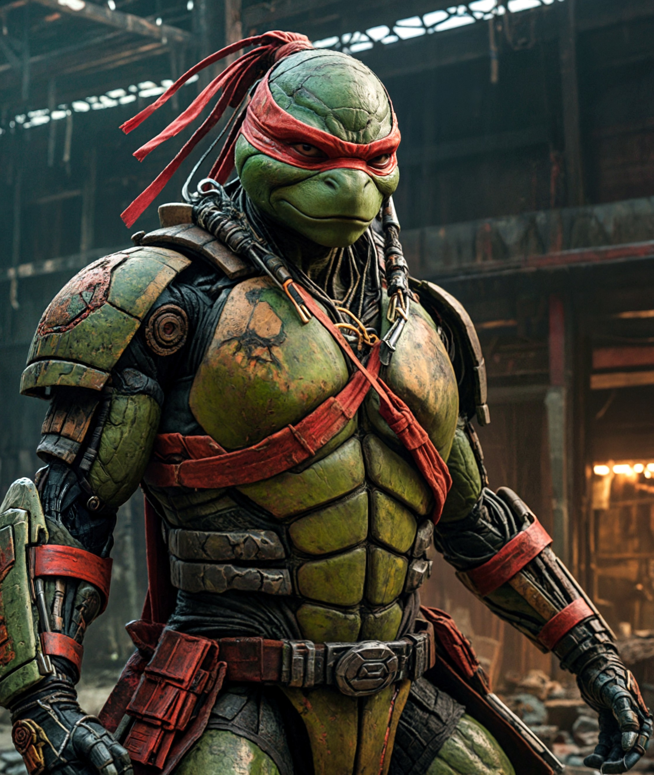 ASCIIamazing quality, masterpiece, best quality, hyper detailed, ultra detailed, UHD, perfect anatomy, portrait, dof, hyper-realism, majestic, awesome, inspiring, dark sci-fi robotic rococo Style - Capture the essence of nostalgia and futuristic fusion in this vibrant snapshot: A Cyborg Samurai ninja turtle the last ronin ( TMNT: The Last Ronin) sporting a colorful 90s-inspired hoodie, his metallic face, neck, and exposed skin areas adorned with weathered dystopian black rusty Metal and red dried blood tones, a testament to time, battle and sunlight. With arms raised in greeting, she embodies a blend of retro charm and cybernetic allure.. cinematic composition, soft shadows, national geographic style, bw-grignani, emphasis lines, horizontal perfect bold lines, perfect align lines,