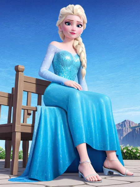 score_9, score_8_up, score_7_up, score_6_up, score_5_up, score_4_up, source_movie, 1girl,Elsa's Sparkling Blue Dress,long earrings,braid, beauty, sitting on side of chair, blushing, full body, tiny breast, Blink face, outdoor theme,movie screencap, stone in background, spread legs,sandals,Transparent toenails, ((view from below:1.3)), (high quality, detailed, beautiful), detailed beautiful eyes, outstanding, countershading, detailed soft lighting, <lora:elsa_xl4:0.7>