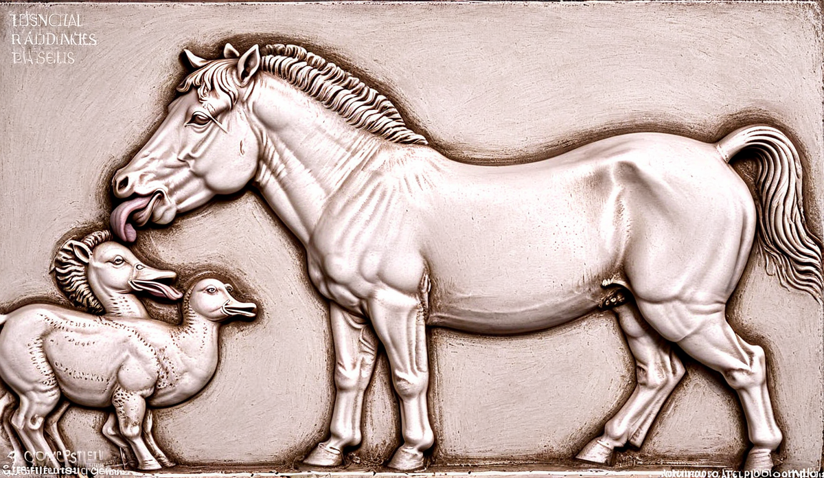 Bas-relief of a pony licking on a Duck, <lora:Bas-relief:1> <lora:licking:1>