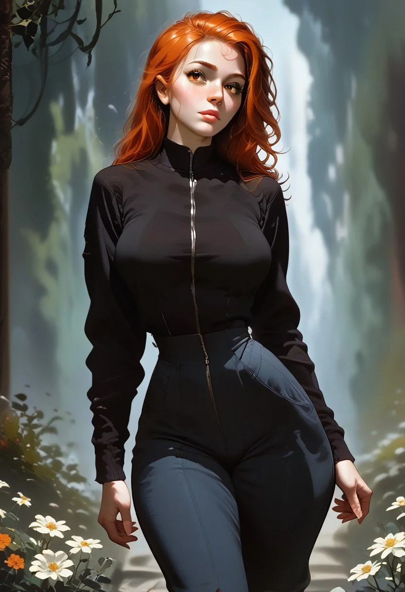 score_9, score_8_up, score_7_up, realistic, a woman, solo,
armored tactical military suit, fallout style, unzipping, muscular woman, abs, narrow waist,
cute perfect face, nerdy, slicked long ginger hair, very pretty, intricate, large breasts, perfect breasts, hips, thin, dynamic angle, braless, cinematic angle, black colored flowers,
leaning forward, side view, from below,
thick thighs, thick lips, sexy posing, horny, looking at viewer, boris valejjo, Wilnayaa,