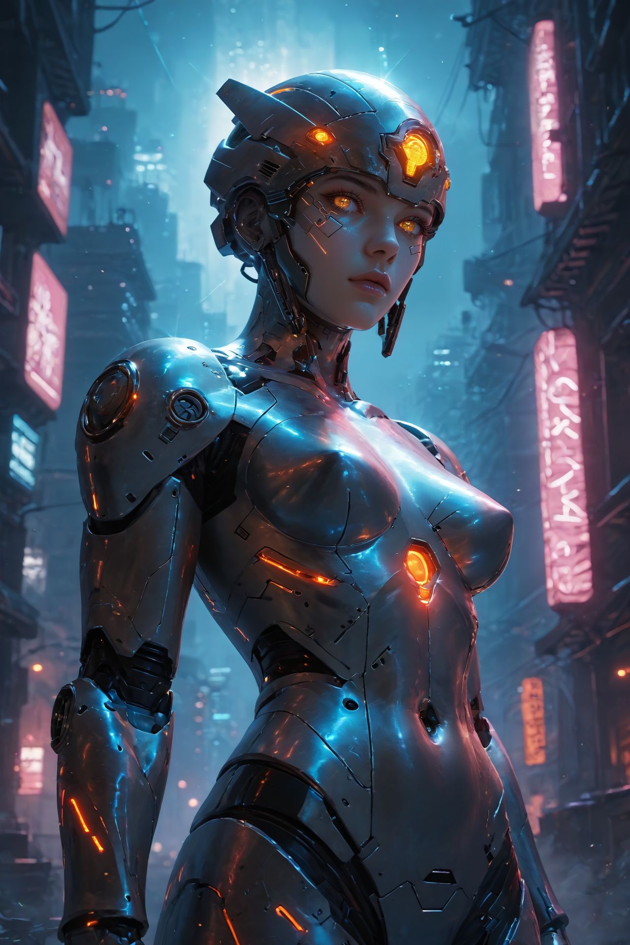 looking at viewer,detailed background,Cinematic Lighting,film grain,score_9,score_8_up,score_7_up,masterpiece,best quality,highly detailed,
<lora:(增强)sdxl_lightning_8step_lora:1>,<lora:glowneon_xl_v1:1>,glowing,<lora:Expressive_H:0.8>,Expressiveh,<lora:th3rm4lXLP:0.4>,th3rm4l,colorful,
1girl,solo,helmet,science fiction,humanoid robot,power armor,neon lights,(glowing eyes:0.5),city,upper body,night,breasts,cyberpunk,robot,shot from below,