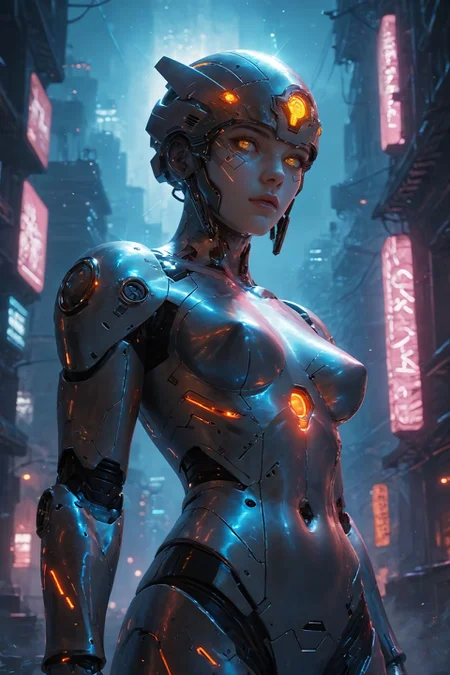 looking at viewer,detailed background,Cinematic Lighting,film grain,score_9,score_8_up,score_7_up,masterpiece,best quality,highly detailed,
<lora:(增强)sdxl_lightning_8step_lora:1>,<lora:glowneon_xl_v1:1>,glowing,<lora:Expressive_H:0.8>,Expressiveh,<lora:th3rm4lXLP:0.4>,th3rm4l,colorful,
1girl,solo,helmet,science fiction,humanoid robot,power armor,neon lights,(glowing eyes:0.5),city,upper body,night,breasts,cyberpunk,robot,shot from below,